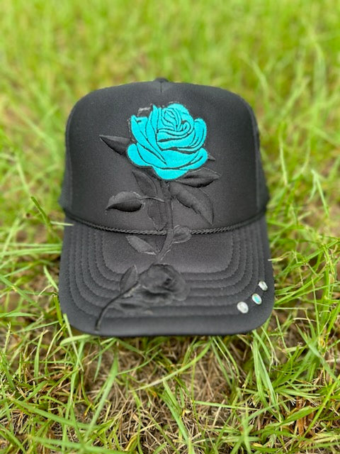 Teal Rose Embroidered Trucker Hat