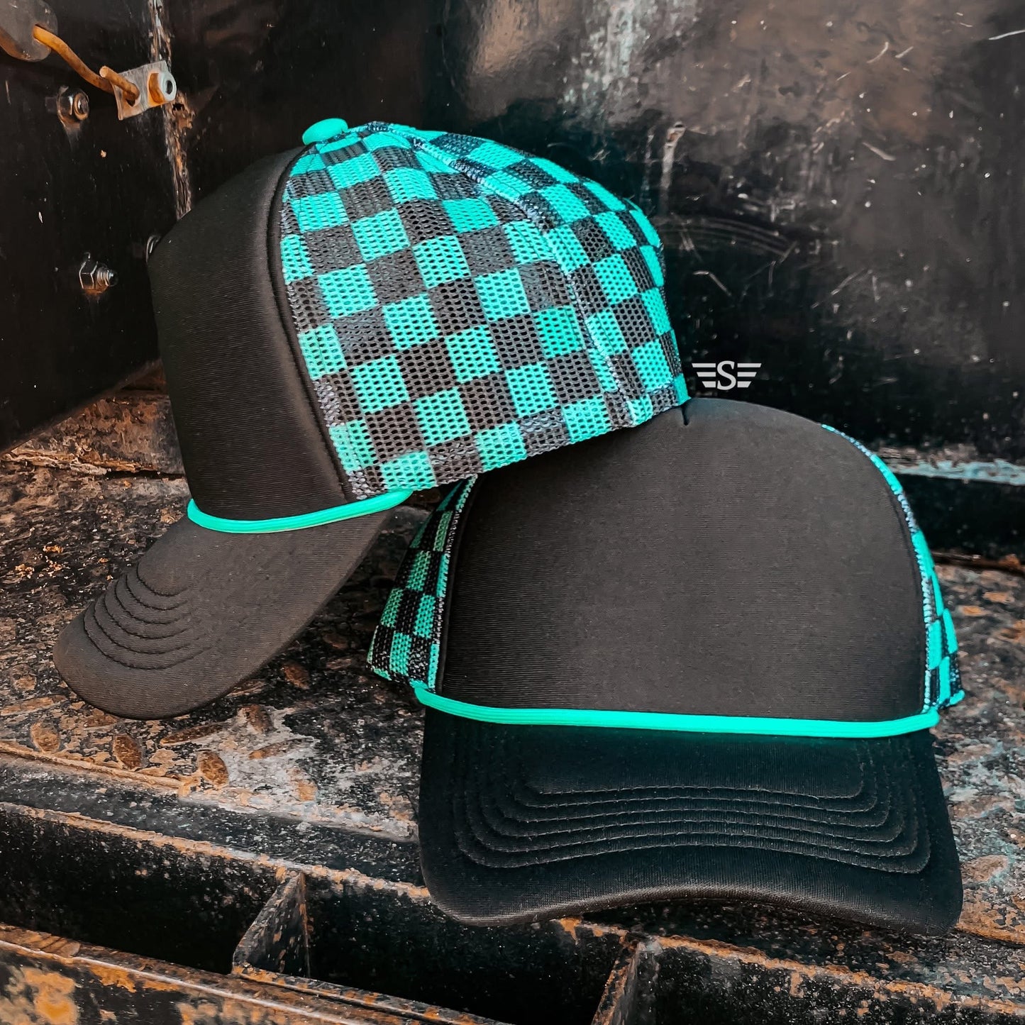 DEPOSIT ONLY - Checker Black and Turqouis  Flying S Hat
